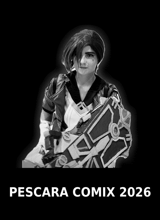 Quadretto cosplay in plex nero inciso al laser: ritratto inciso e frase Pescara Comix 2026